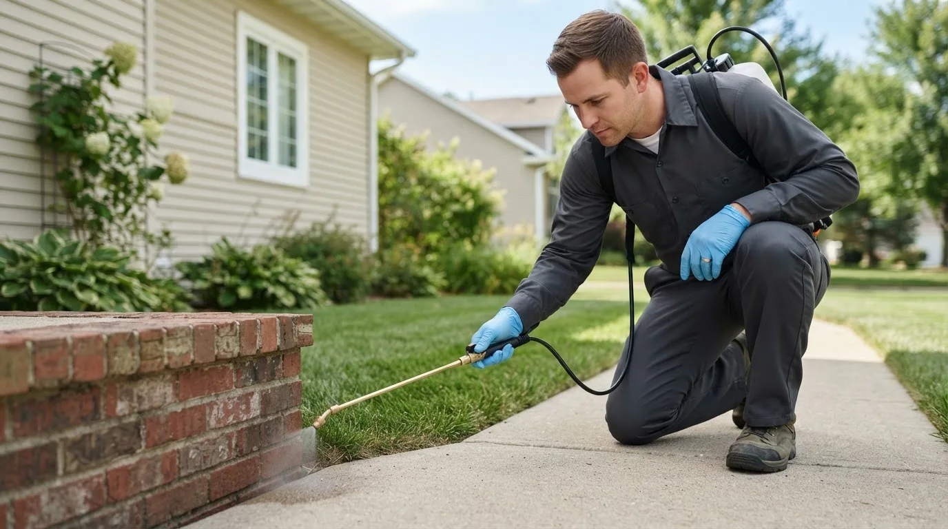 Pest control technician treating a home near Whitehall, WI